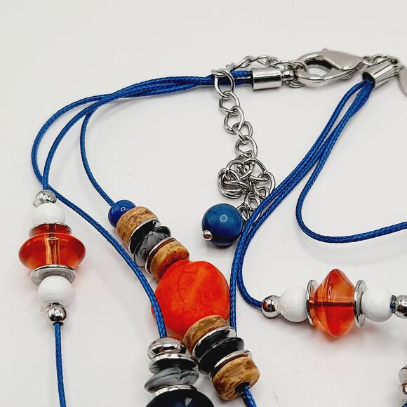 Chico’s Three Strand Beaded Necklace NWOT Blue Red White Multi Color Statement - Picture 10 of 12